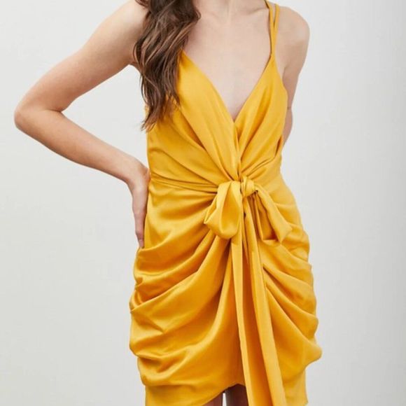 New do + be Gold Satin Bow Ruched Wrao Dress Size Medium New With Tags - Picture 1 of 12